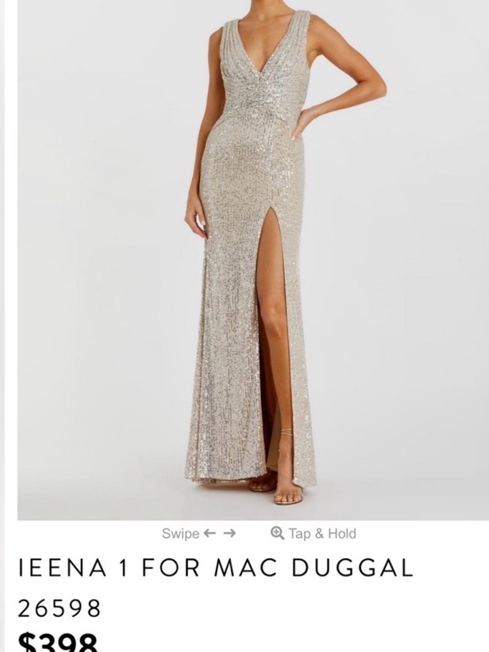 Mac Duggal Nude Sequin V-neck, thigh slit, Maxi Gown Dress NWT